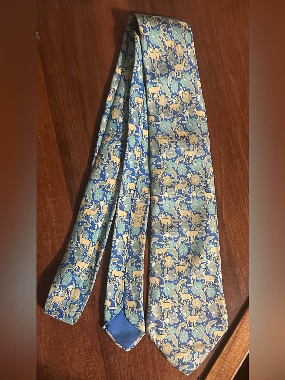 Hermes Blue Floral & Beige Stag Silk Tie